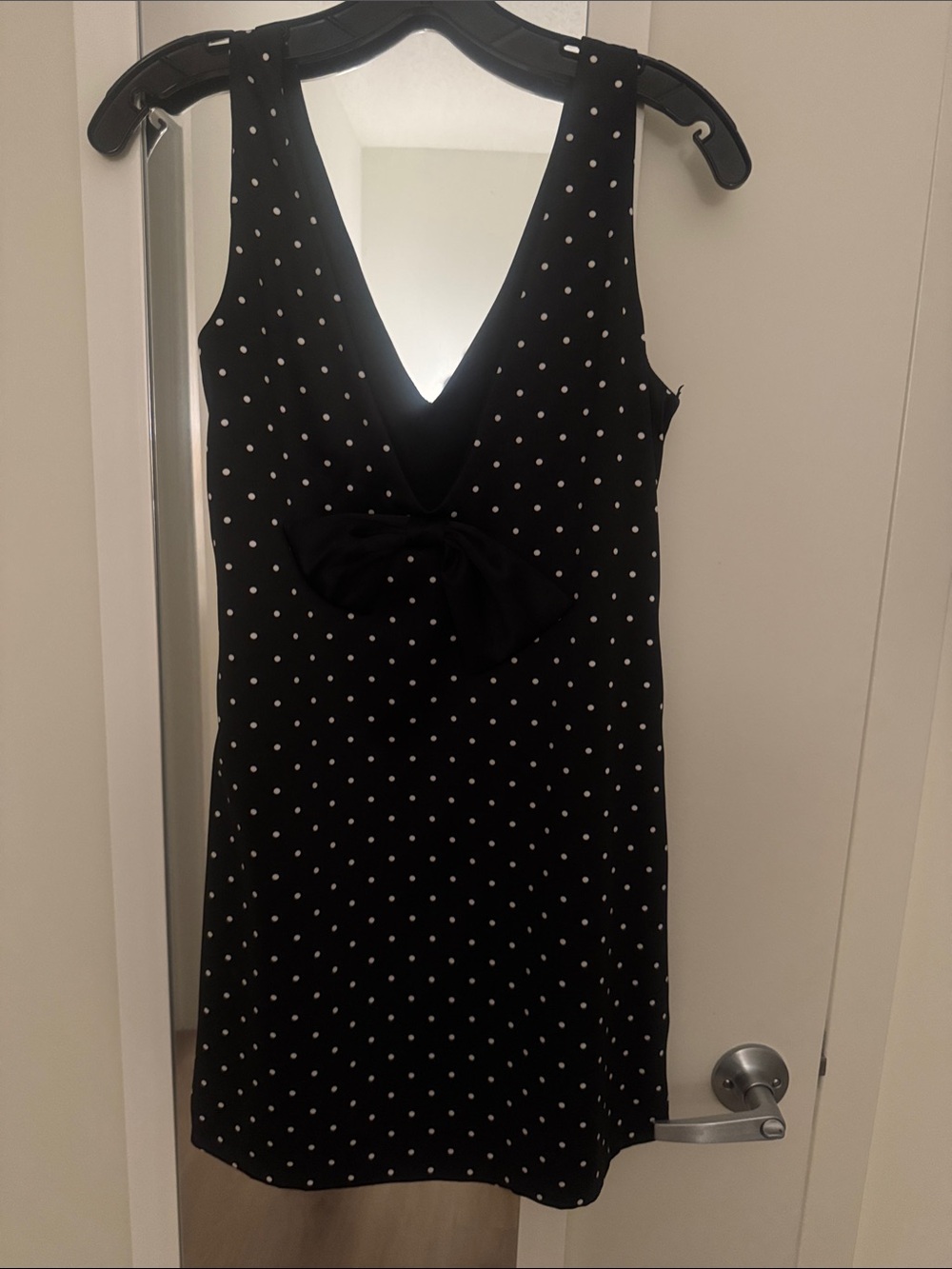 Wayf Black Polka Dot V-Neck Mini Dress with Front Bow